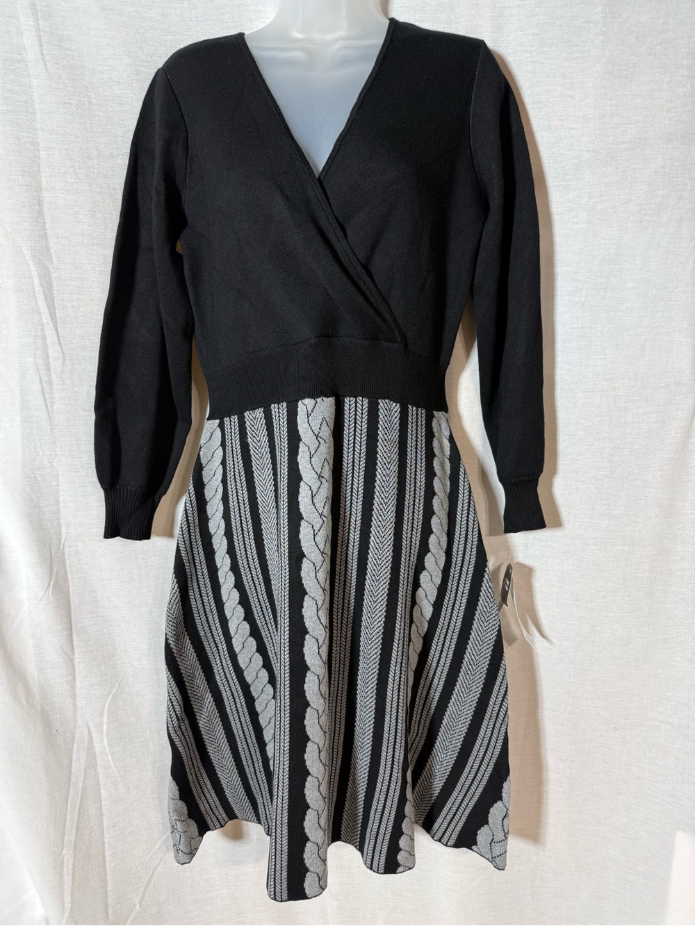 Studio One Black and Gray Knit Wrap-Top A-Line Dress